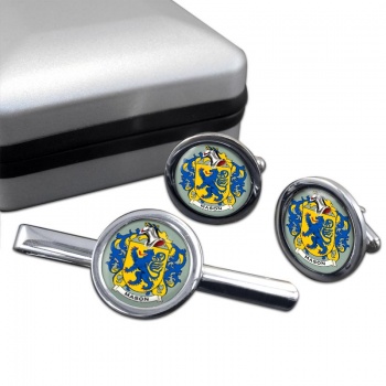 Mason Coat of Arms Round Cufflink and Tie Clip Set