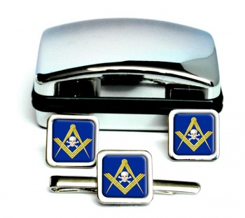 Masonic Skull Square Cufflink and Tie Clip Set