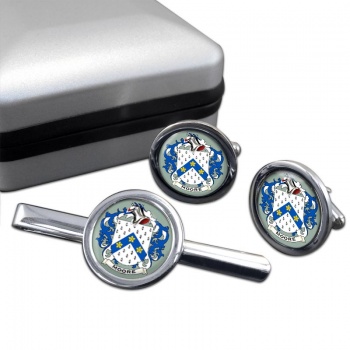 Moore English Coat of Arms Round Cufflink and Tie Clip Set