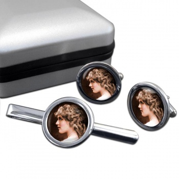 Mary Pickford Round Cufflink and Tie Clip Set