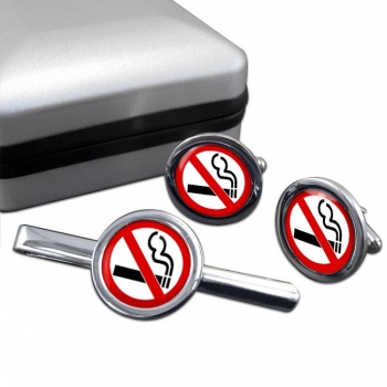 No Smoking Round Cufflink and Tie Clip Set