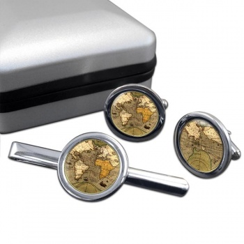 Antique World Map Round Cufflink and Tie Clip Set