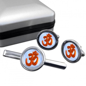 Om 3D Round Cufflink and Tie Clip Set