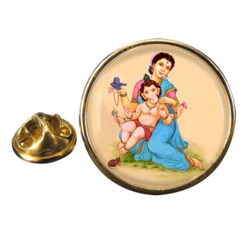 Parvati and Baby Ganesh Round Pin Badge