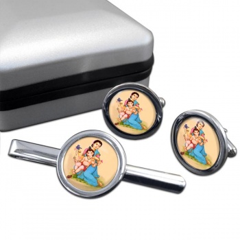 Parvati and Baby Ganesh Round Cufflink and Tie Clip Set