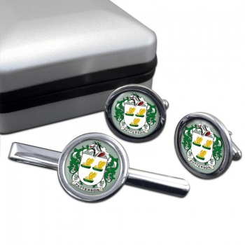 Patterson Coat of Arms Round Cufflink and Tie Clip Set