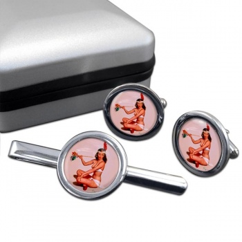 Peace Offering Pin-up Girl Round Cufflink and Clip Set