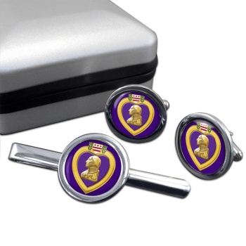 Purple Heart Round Cufflink and Tie Clip Set