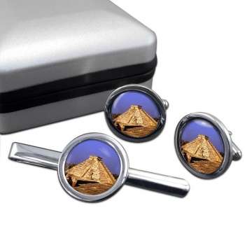 Pyramid Mexico Round Cufflink and Tie Clip Set