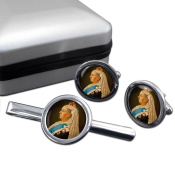 Queen Victoria Round Cufflink and Tie Clip Set