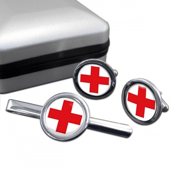 Red Cross Round Cufflink and Tie Clip Set