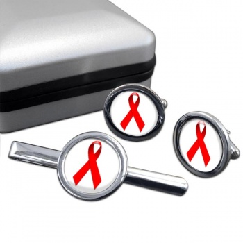 Red Ribbon Awareness Round Cufflink and Tie Clip Set