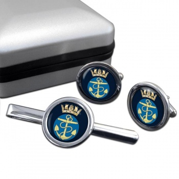 Royal Navy Fouled Anchor and Crown Round Cufflink and Tie Clip Set