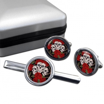 Rose skull Round Cufflink and Tie Clip Set