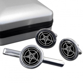 Satanic Pentagram Round Cufflink and Tie Clip Set