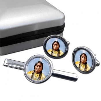 Sitting Bull Round Cufflink and Tie Clip Set