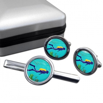 Scuba Diving Round Cufflink and Tie Clip Set