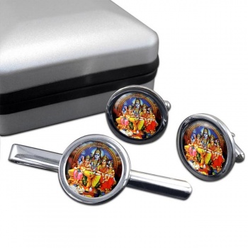 Shiv Family Portrait Round Cufflink and Tie Clip Set