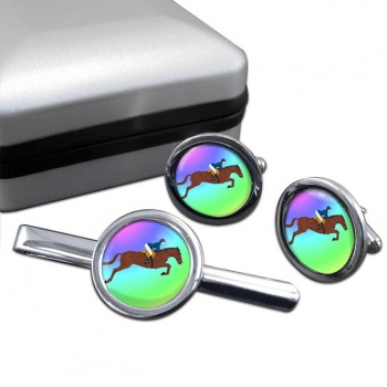 Show Jumper Round Cufflink and Tie Clip Set