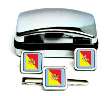 Sicily Sicilia (Italy) Square Cufflink and Tie Clip Set