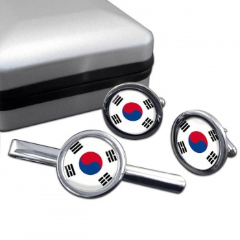 South Korea Round Cufflink and Tie Clip Set