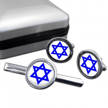 Star of David Round Cufflink and Tie Clip Set