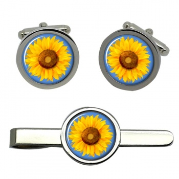 Sunflower Round Cufflink and Tie Clip Set