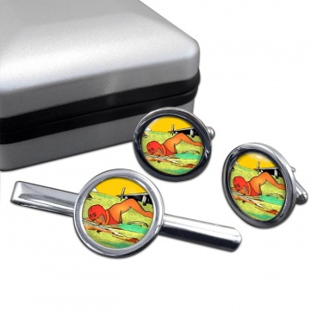 Sea Swimming Round Cufflink and Tie Clip Set