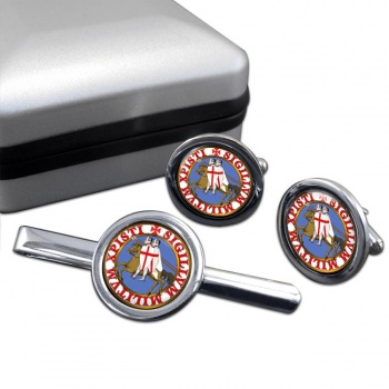 Knights Templar Seal Round Cufflink and Tie Clip Set