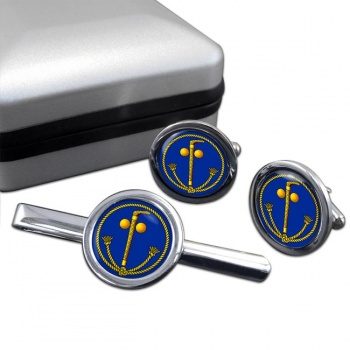 Tubal Cain (Two Ball and Cane) Masonic Round Cufflink and Tie Clip Set