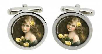 Victorian Girl with Yellow Roses Round Cufflinks