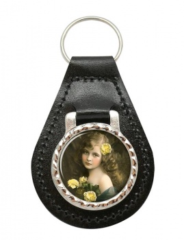 Victorian Girl with Yellow Roses Leather Key Fob