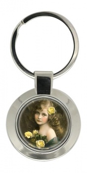 Victorian Girl with Yellow Roses Key Ring