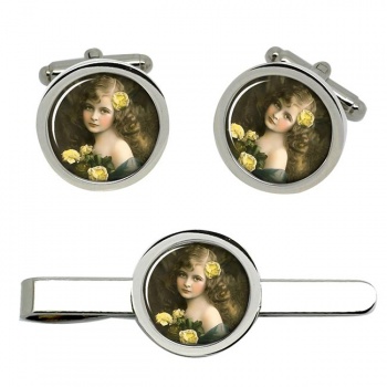 Victorian Girl with Yellow Roses Cufflink and Tie Clip Set