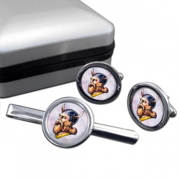 Viking Warrior Round Cufflink and Tie Clip Set