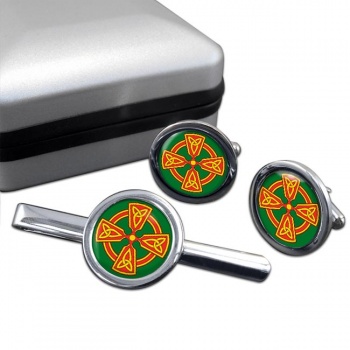 Welsh Celtic Cross Round Cufflink and Tie Clip Set