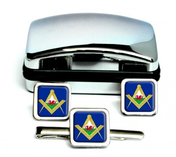 Welsh Masons Square Cufflink and Tie Clip Set