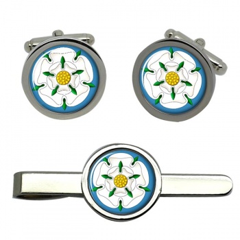 White Rose of York Round Cufflink and Tie Clip Set