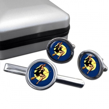 Witch's Delight Pin-up Girl Round Cufflink and Clip Set