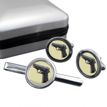 Walther PPK Round Cufflink and Tie Clip Set