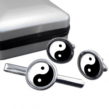 Yin Yang Round Cufflink and Tie Clip Set